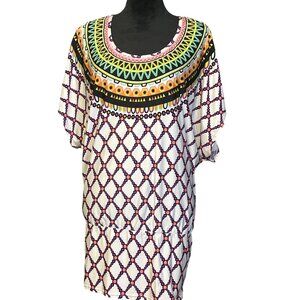 Trina Turk Womens Multicolor Geometric Print Top M Short Sleeve Scoop Neck Light